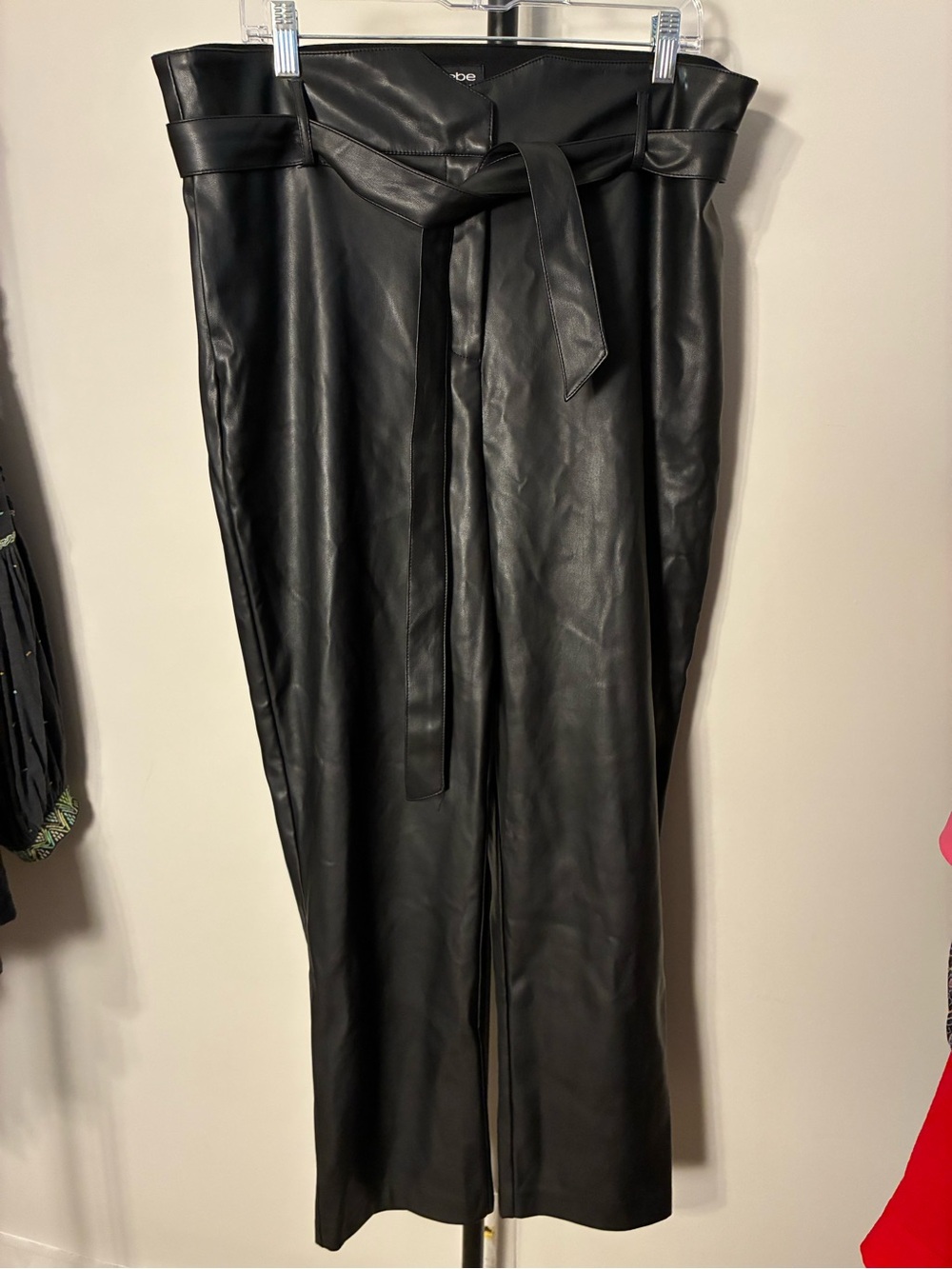 NWT Bebe faux leather slim straight leg pants high waist tie belt black size XL